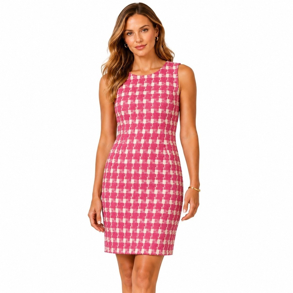 Brooks Brothers Red Fleece Pink White Tweed Check Sheath Dress 12 Sleeveless